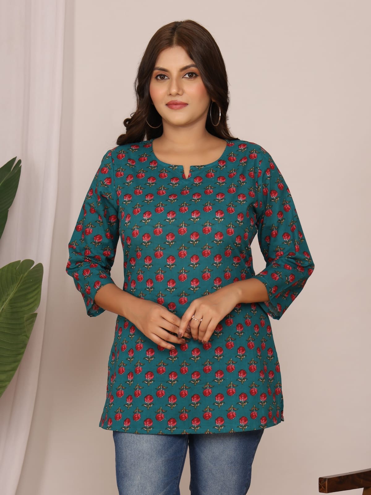 Teal Red Buti Cotton Short Top – Radhya