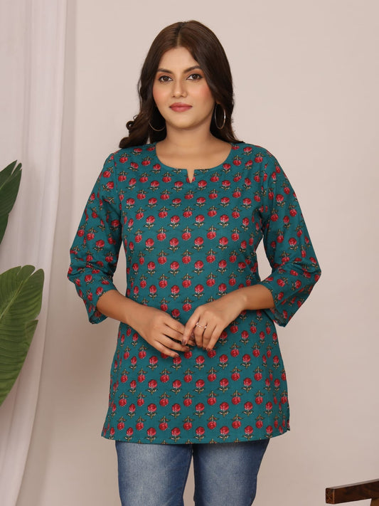 Teal Red Buti Cotton Short Top – Radhya