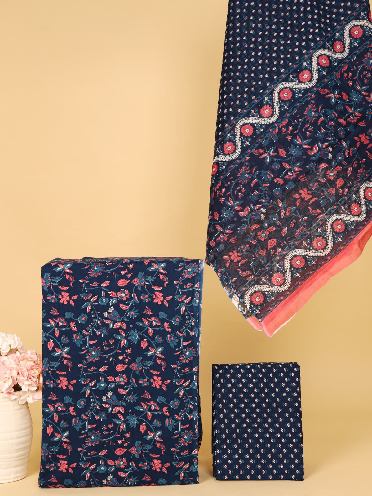Navy & Pink Floral Print with Dotted Dupatta Unstitched Cotton Suit with Mulmul Dupatta – Radhya