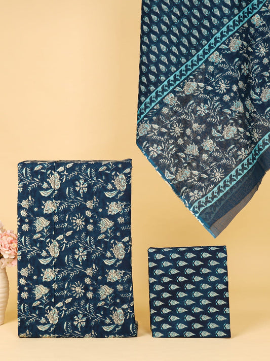 Navy Blue Floral Print Unstitched Cotton Suit with Mulmul Dupatta – Radhya