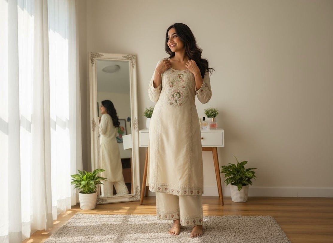The Ivory Artisan: Embroidered Cotton Kurta Set