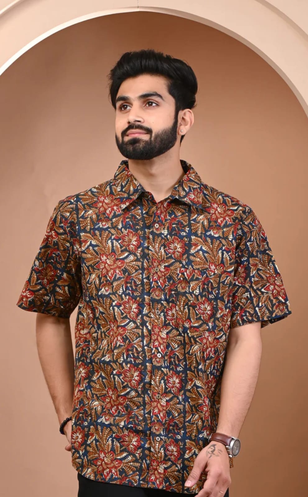 Grey Ajrakh Medallion Hand Block Printed Cotton Shirt