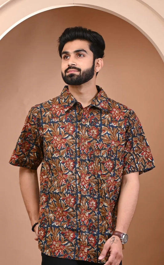 Grey Ajrakh Medallion Hand Block Printed Cotton Shirt