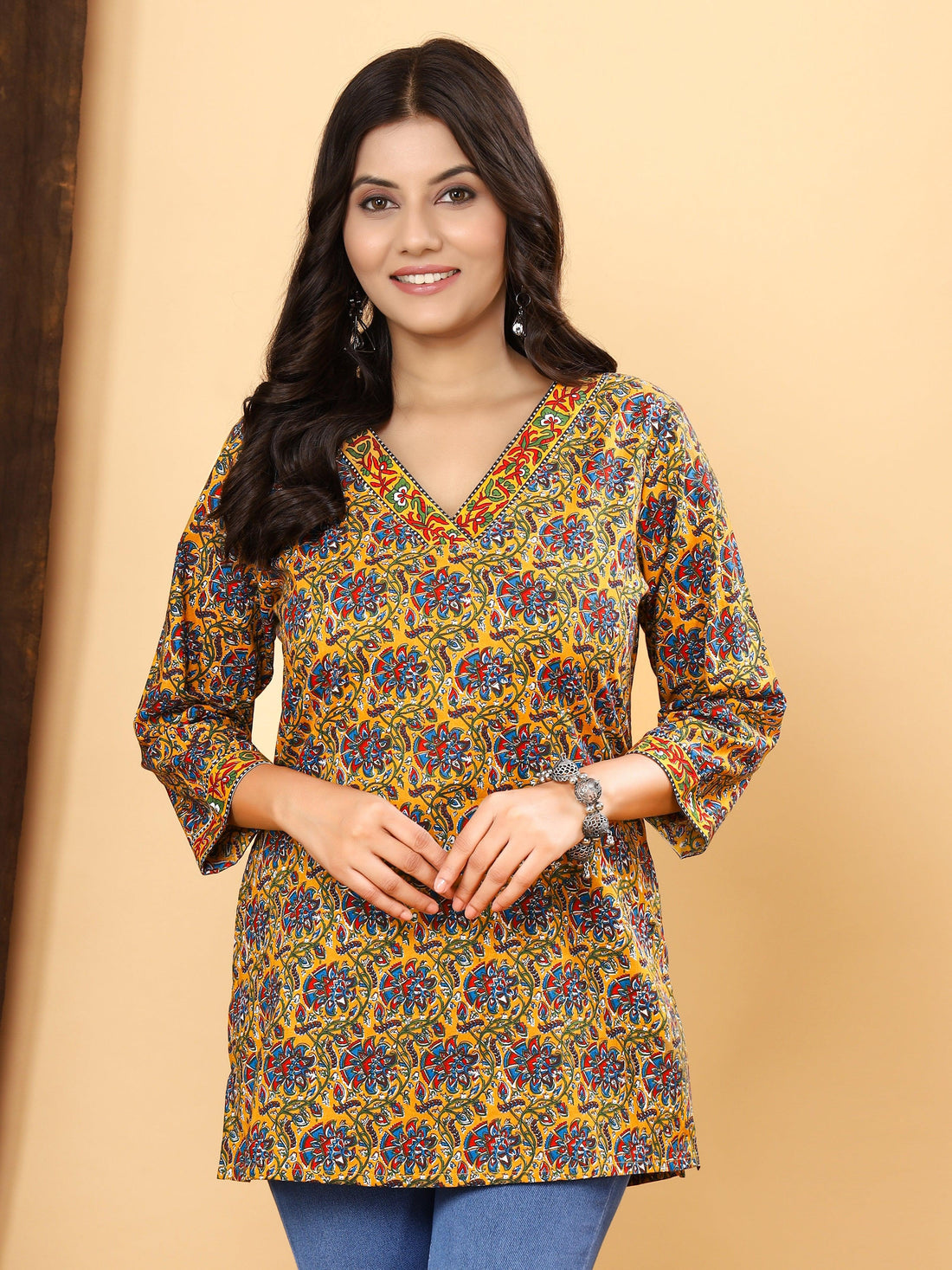 Saffron Kalamkari Fusion Short Kurti