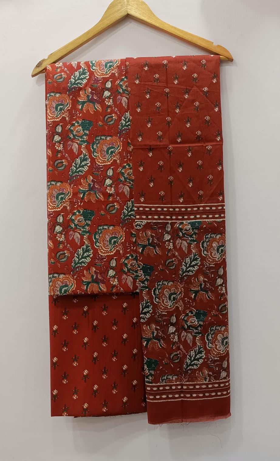 Rust Red Floral Print Unstitched Cotton Suit with Mulmul Dupatta – Radhya