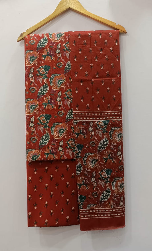 Rust Red Floral Print Unstitched Cotton Suit with Mulmul Dupatta – Radhya