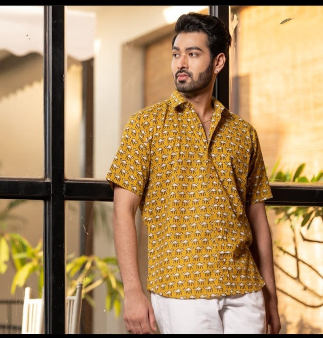 Mustard Buti Cotton Printed Half Sleeve Shirt – Radhya