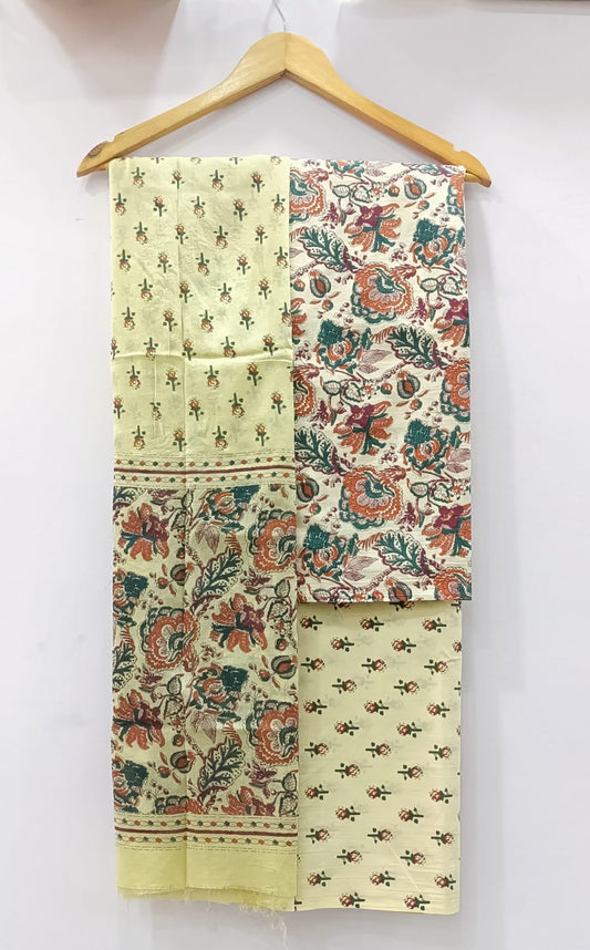Lemon Cream Floral Print Unstitched Cotton Suit with Mulmul Dupatta – Radhya