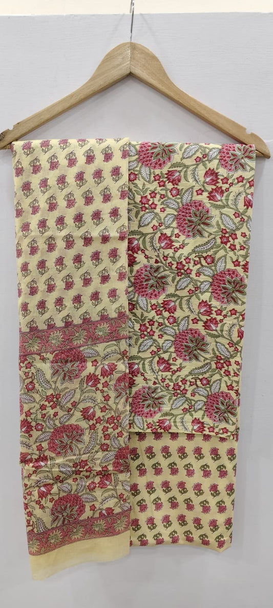 Beige Cream & Pink Floral Buti Print Unstitched Cotton Suit with Mulmul Dupatta – Radhya