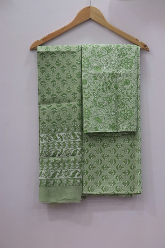 Sage Green Tonal Floral Jaal Print Unstitched Cotton Suit with Mulmul Dupatta – Radhya