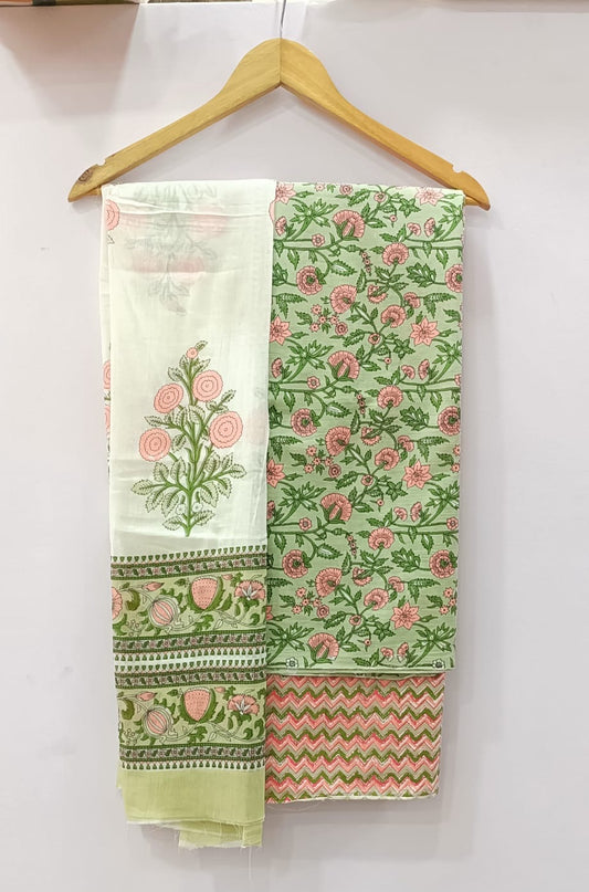 Ivory & Green Floral Print with Pink Chevron Bottom Unstitched Cotton Suit with Mulmul Dupatta – Radhya
