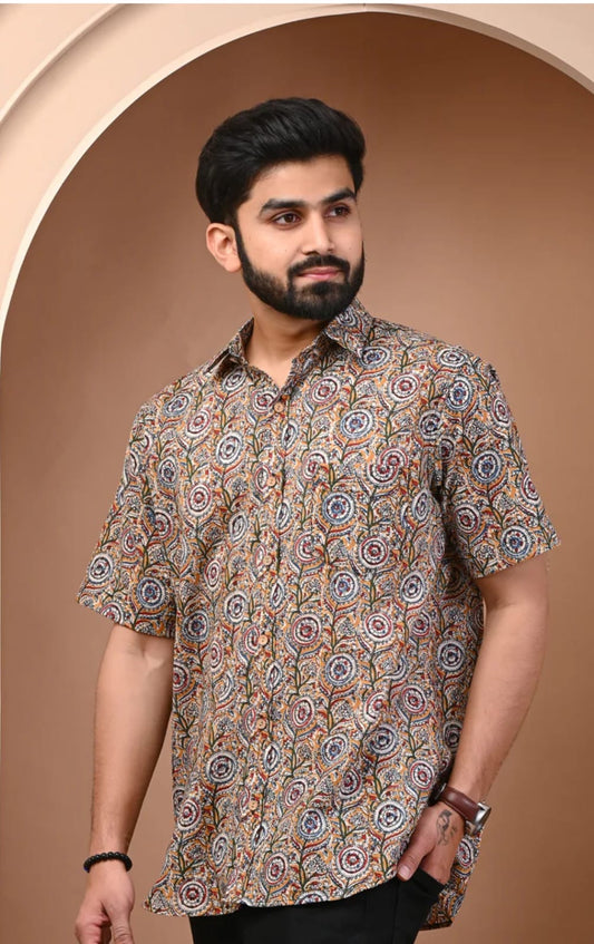 Beige Mandala Kalamkari Hand Block Printed Cotton Shirt