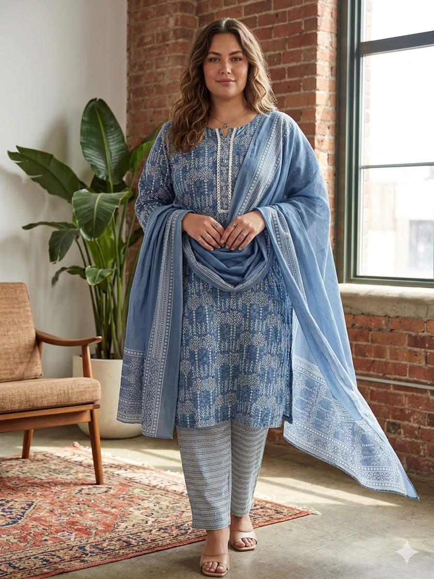 Radiant Blue Indigo Printed Salwar Kameez Suit Set with Dupatta – Radhyacollection