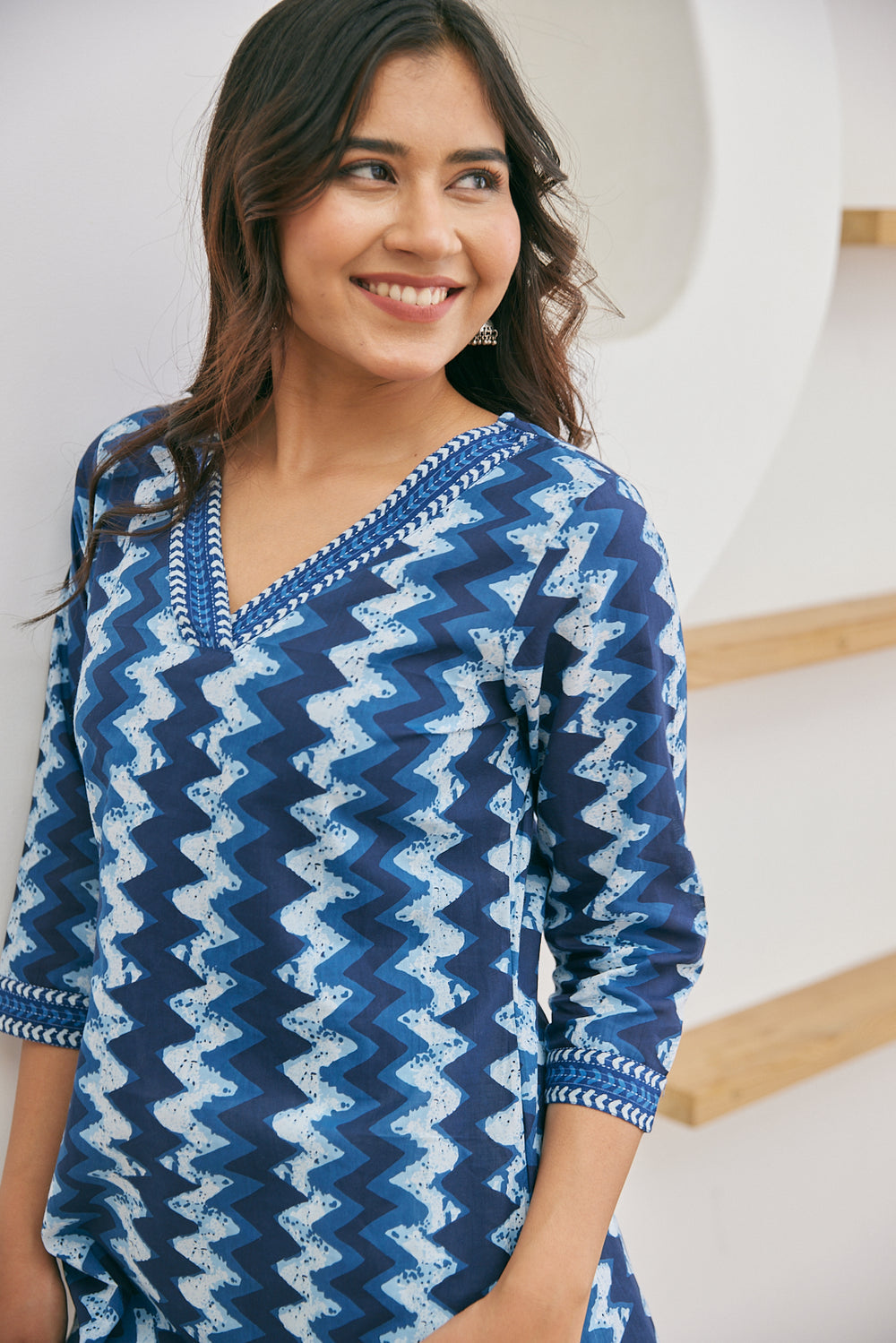 Indigo Zig-Zag Block Print Short Kurti