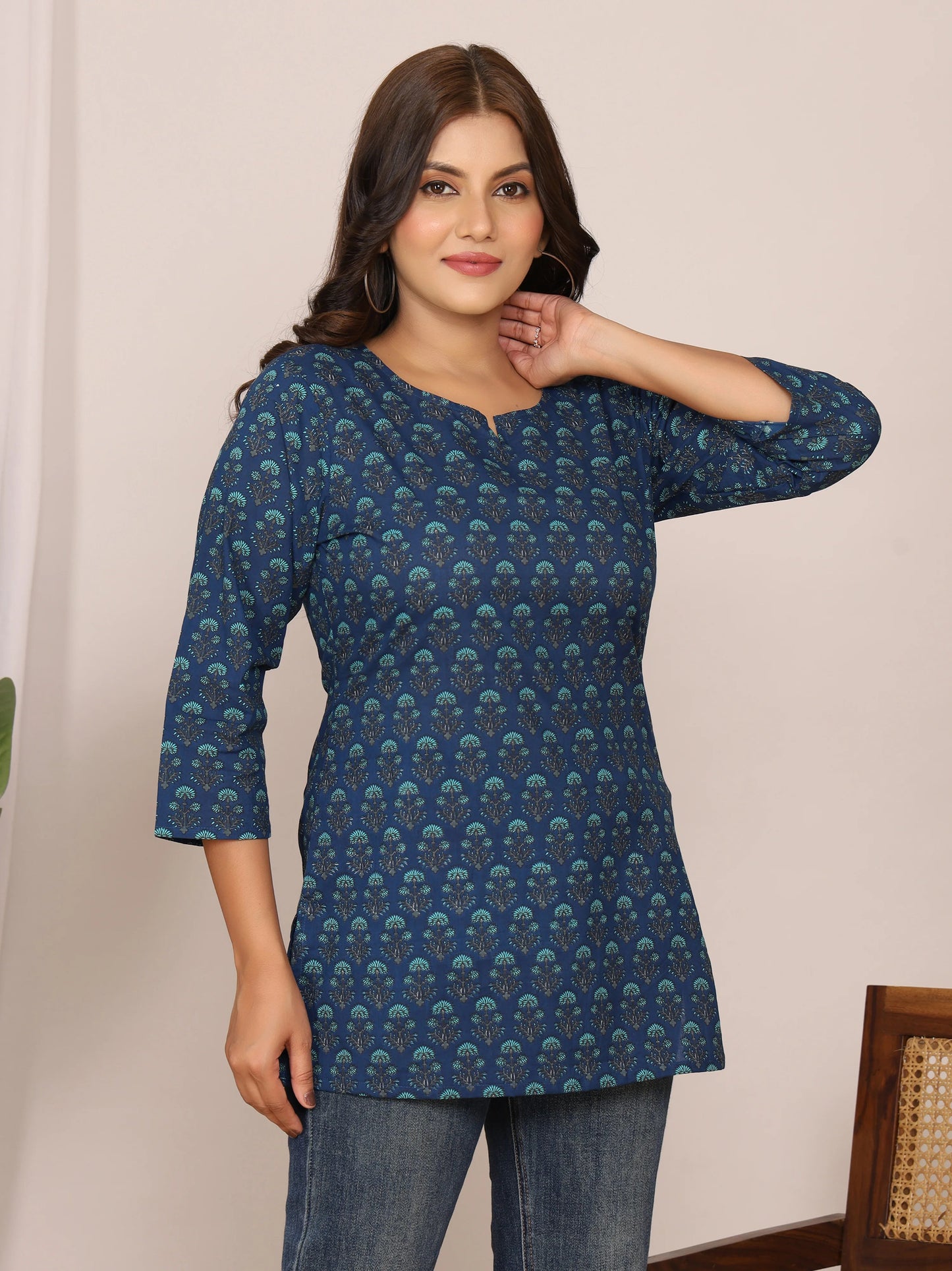 Indigo Floral Print Cotton Short Kurti