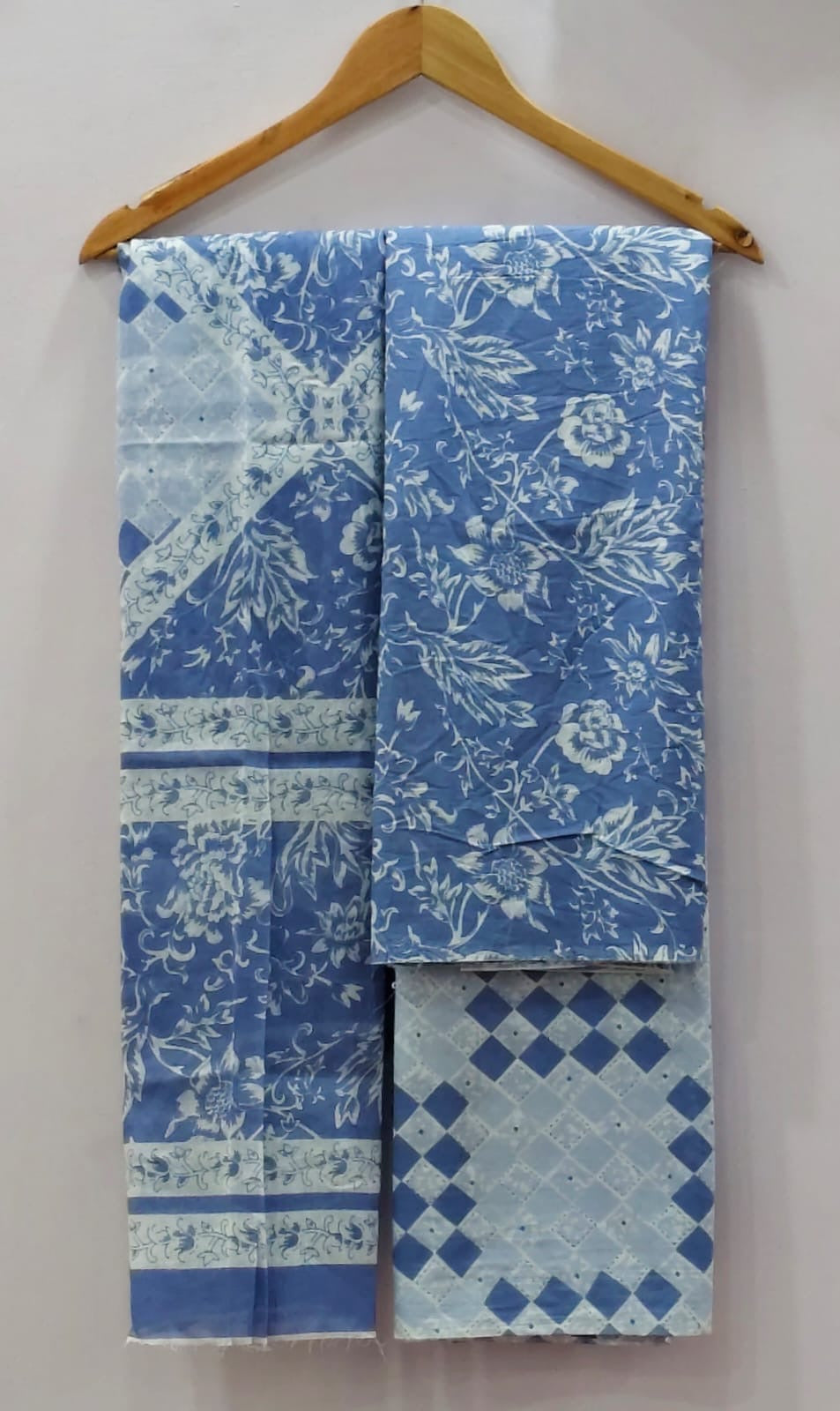 Blue & White Jaal Print Unstitched Cotton Suit with Mulmul Dupatta – Radhya