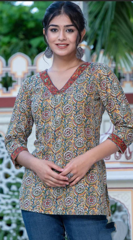 Sage Green Kalamkari Cotton Short Top – Radhya