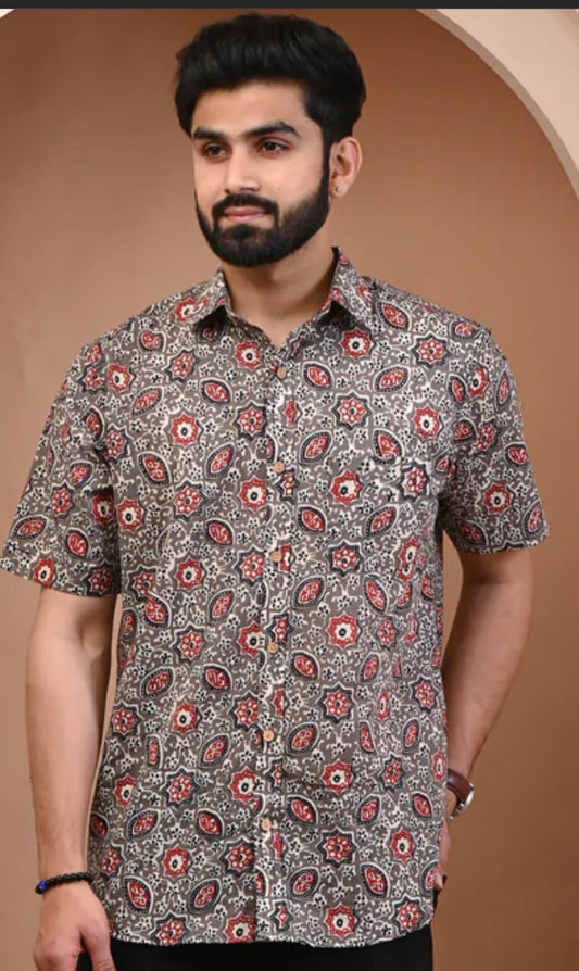 Dark Brown Ajrakh Geometric Hand Block Printed Cotton Shirt