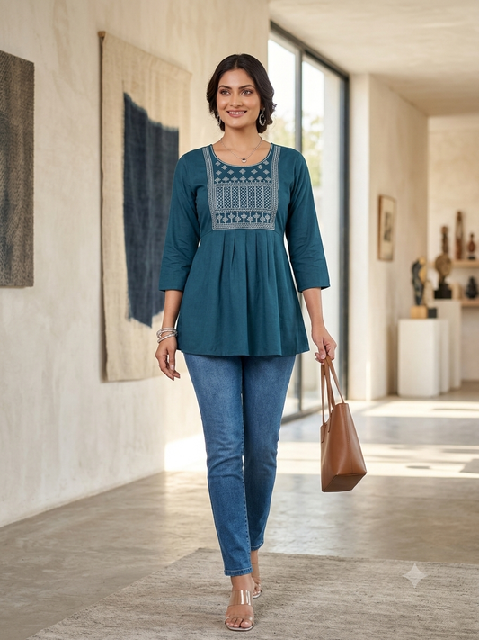 Elegant Embroidered Rayon Short Tunic by Radhya-BLUE