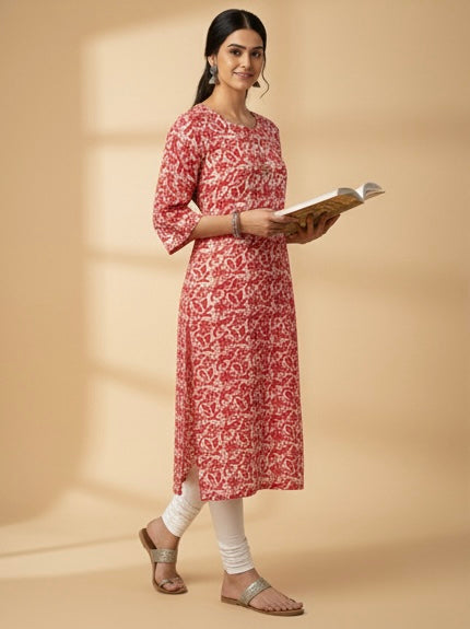 Crimson Bloom Floral Straight Kurti