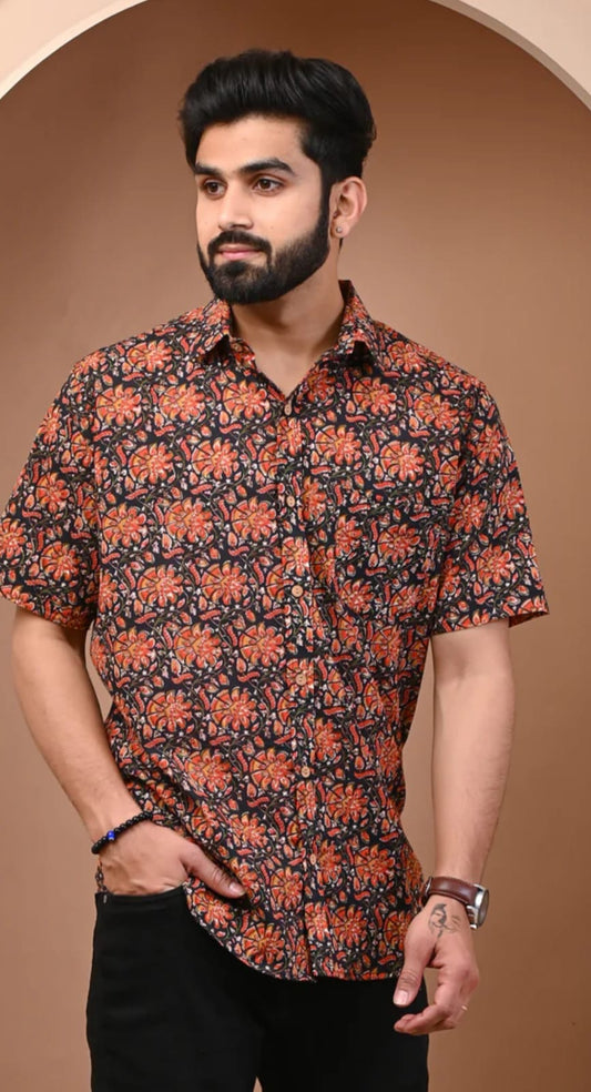 Navy Blue Tropical Floral Hand Block Printed Cotton Shirt