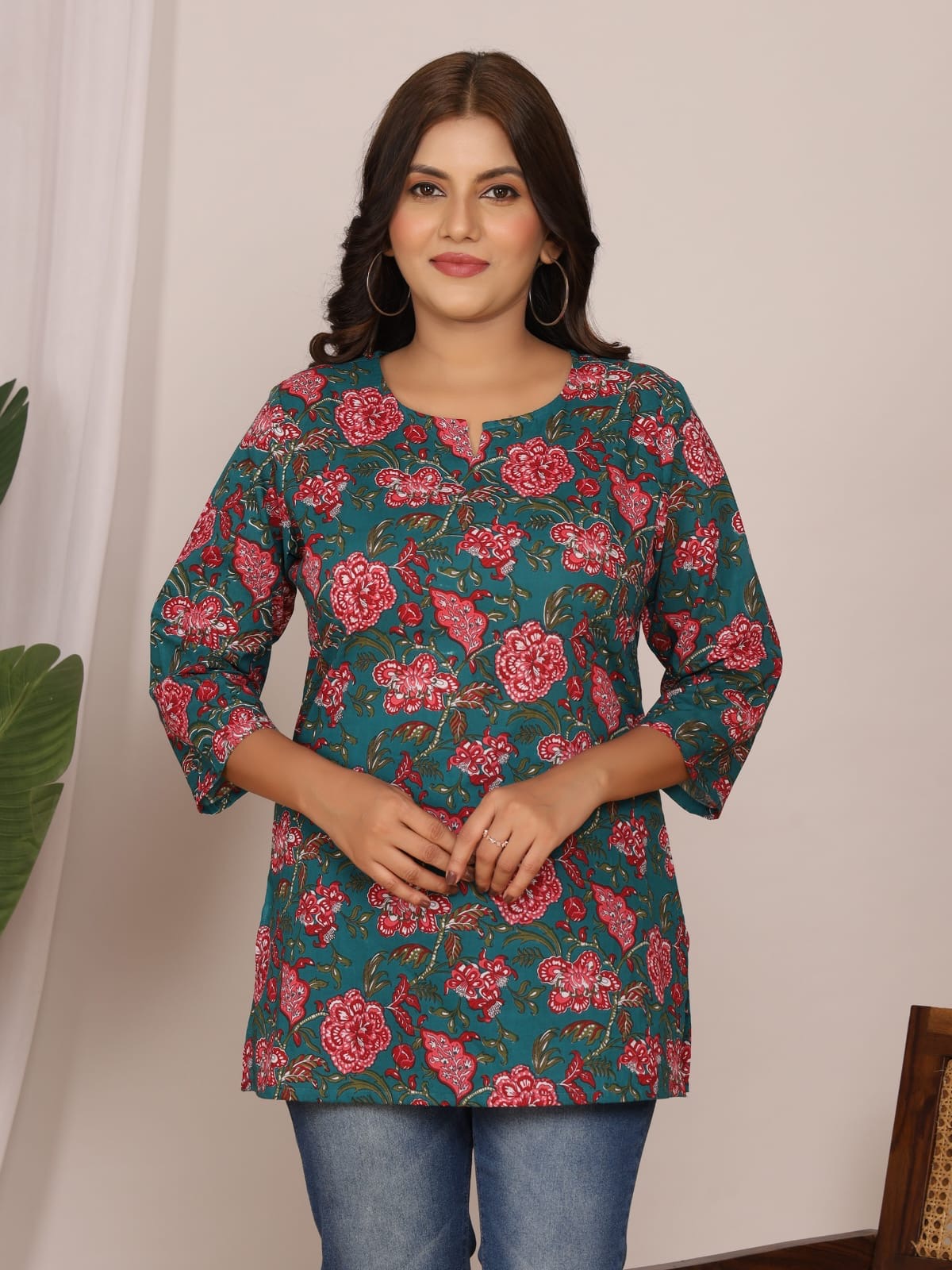 Teal Rose Floral Cotton Short Top – Radhya