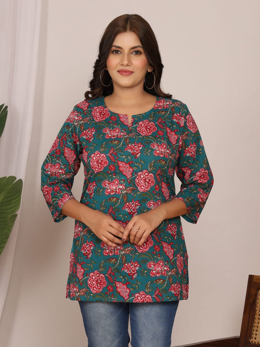 Teal Rose Floral Cotton Short Top – Radhya