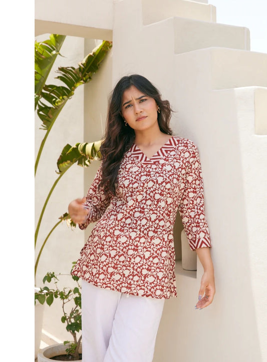 Ivory Maroon Floral Cotton Short Top – Radhya