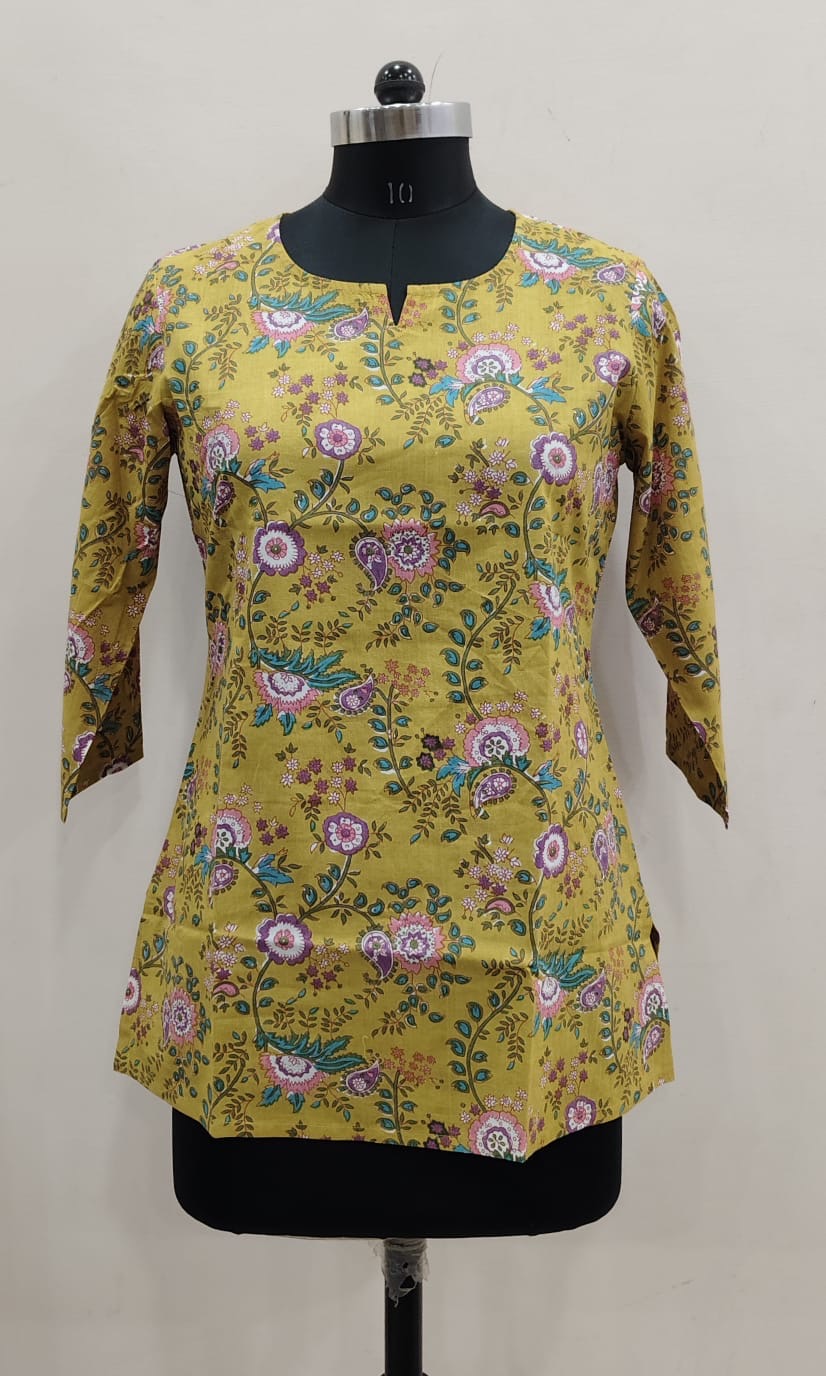 Lime Yellow Floral Cotton Short Top – Radhya