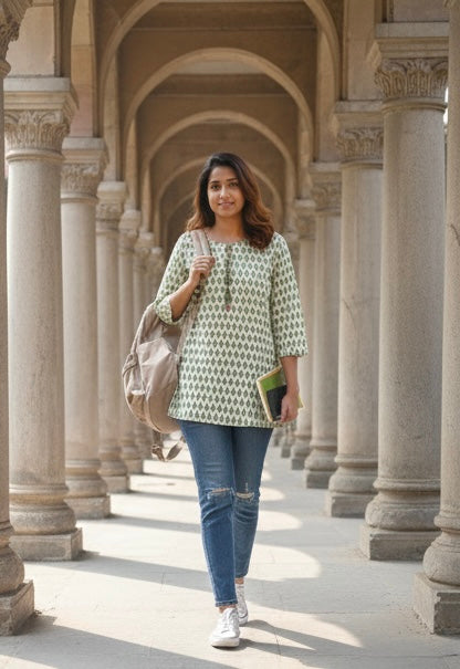 Sage Leaf Printed Cotton Kurti
