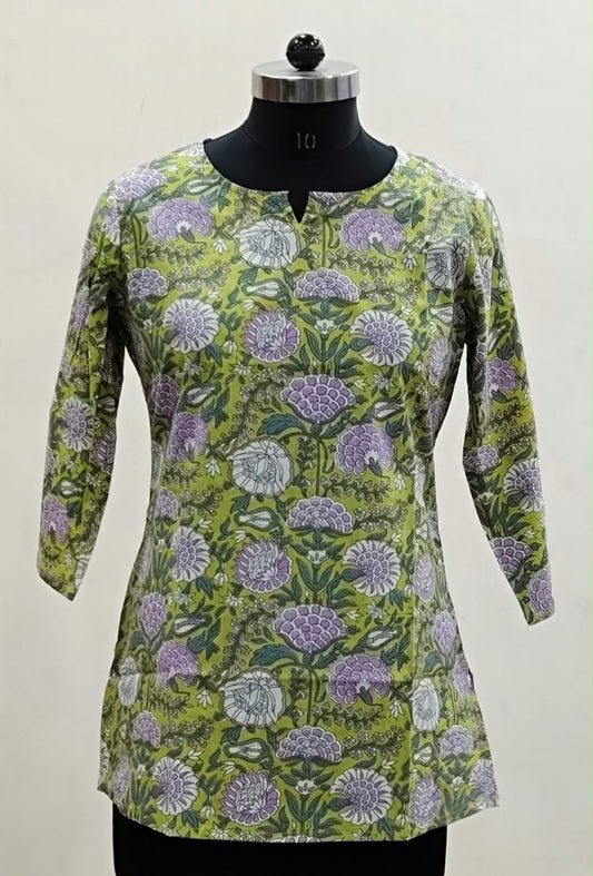 Olive Green Lilac Floral Cotton Short Top – Radhya
