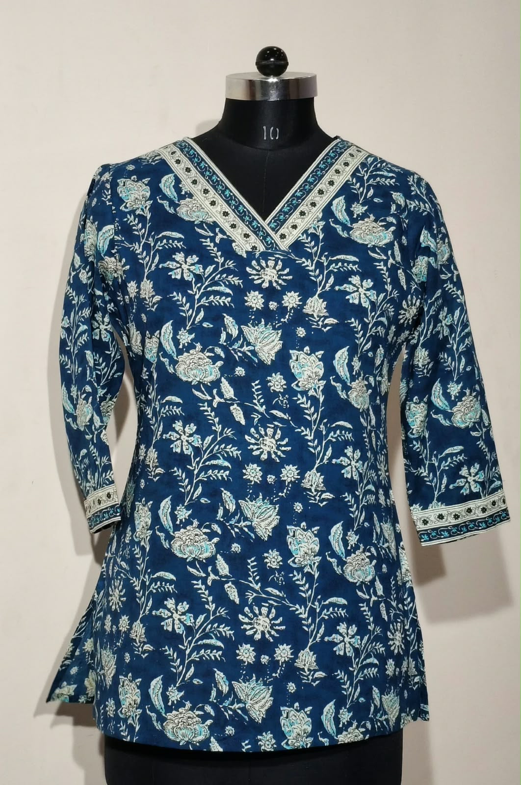 Navy Blue Floral Cotton Short Top – Radhya
