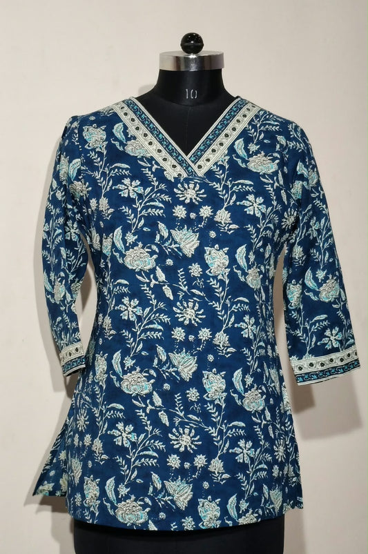 Navy Blue Floral Cotton Short Top – Radhya
