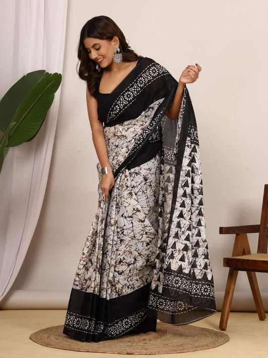 Jaipuri Hand Block Printed Cotton Saree in Black & White Geometric Motifs.