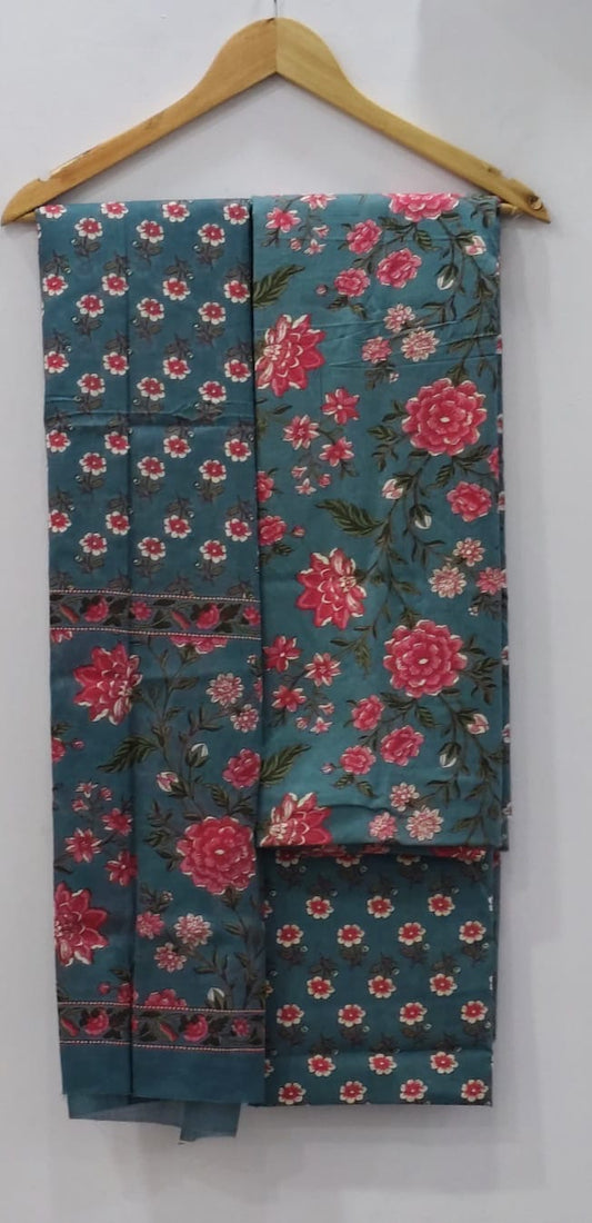 Teal Rose Print Unstitched Cotton Suit with Mulmul Dupatta – Radhya