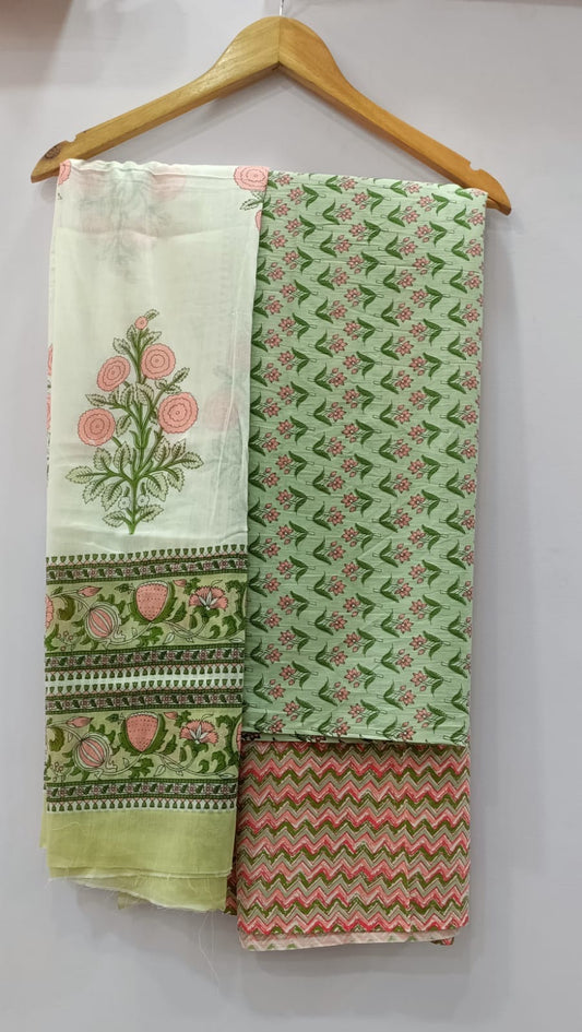 Ivory & Green Vine Stripe Floral Print Unstitched Cotton Suit with Mulmul Dupatta – Radhya