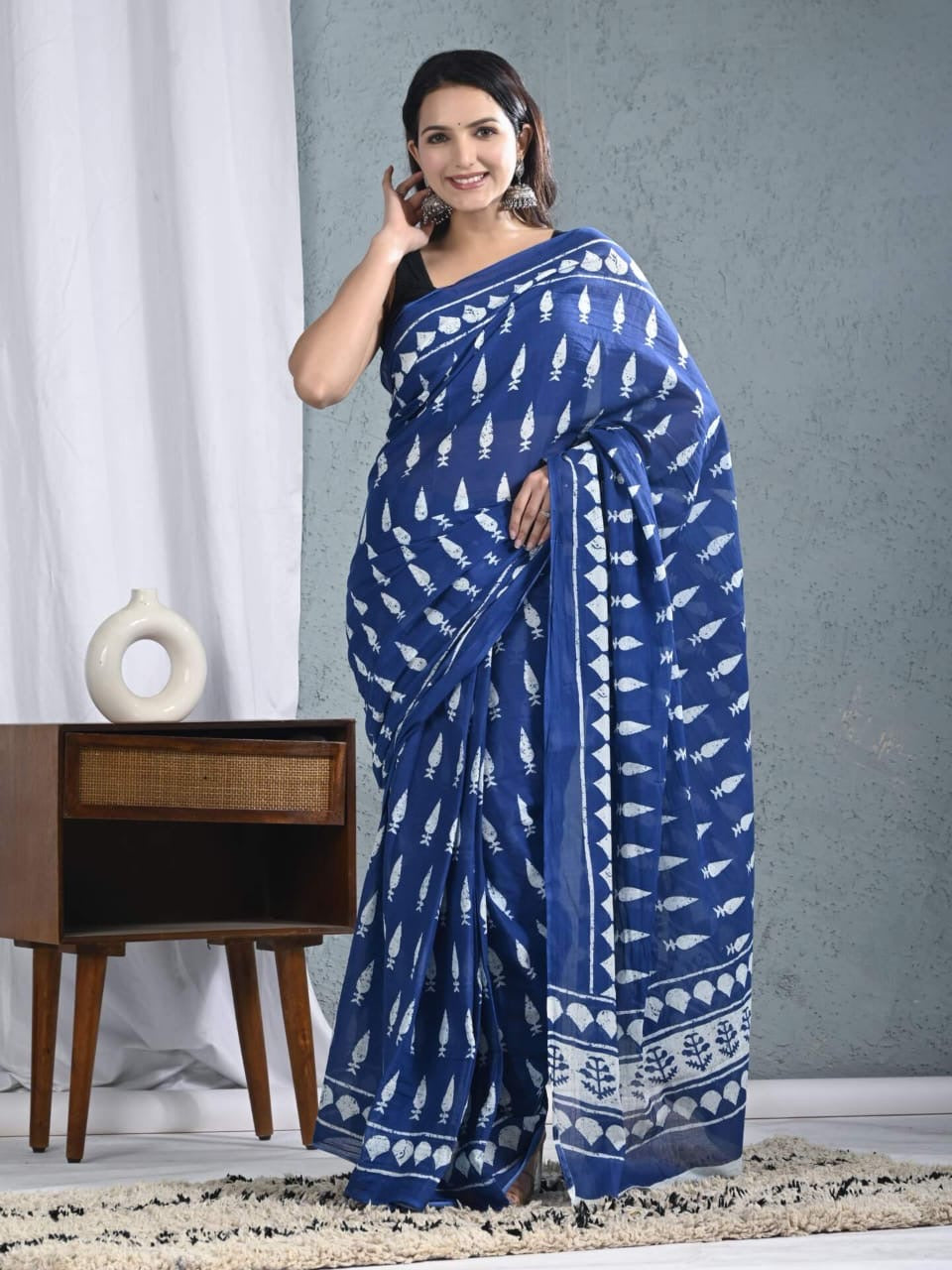 Cobalt Leaf Dance Cotton Saree – RadhyaCollection