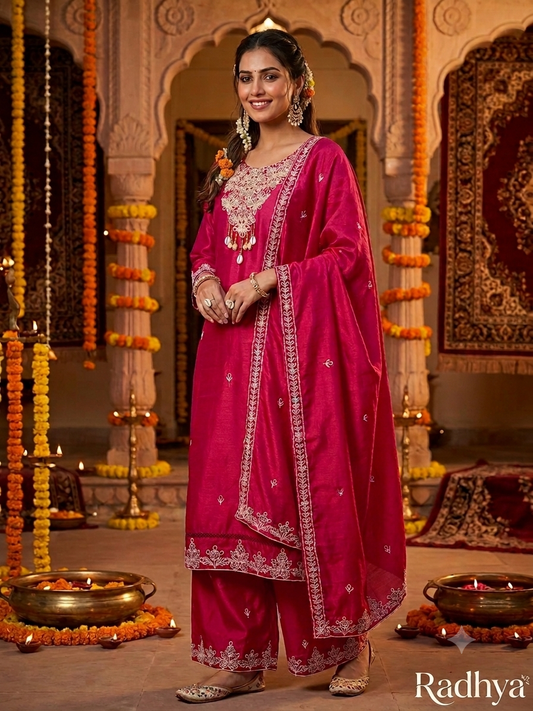 Radhya Festive Rani Pink Silk 3-Piece Kurta Palazzo Set with Embroidered Dupatta