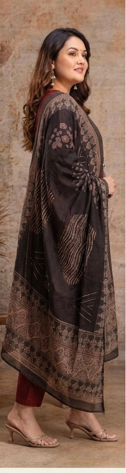 Maroon Muslin Kurta Pant Set with Printed Kota Doria Dupatta (S-3XL)