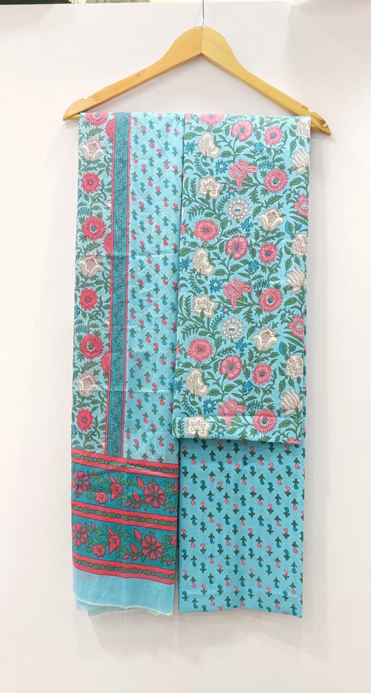 Aqua Floral Print Unstitched Cotton Suit with Mulmul Dupatta – Radhya