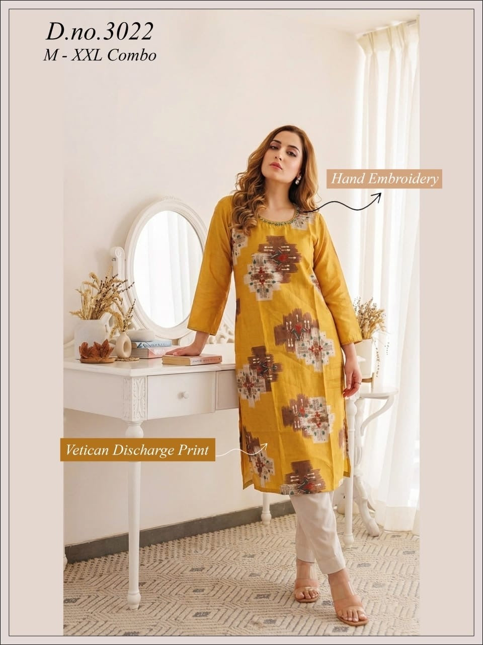 Mustard Yellow Vetican Discharge Print Kurta Set with Hand-Embroidered Neckline