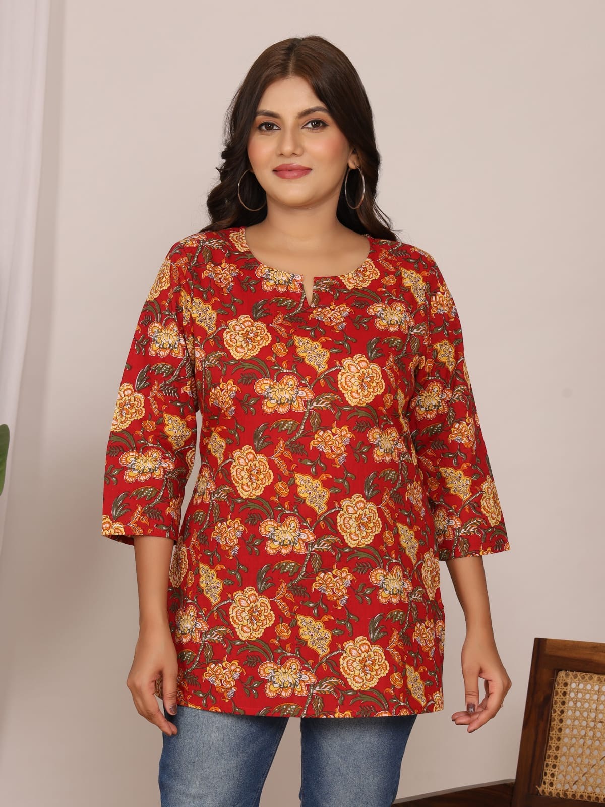 Red Yellow Rose Floral Cotton Short Top – Radhya