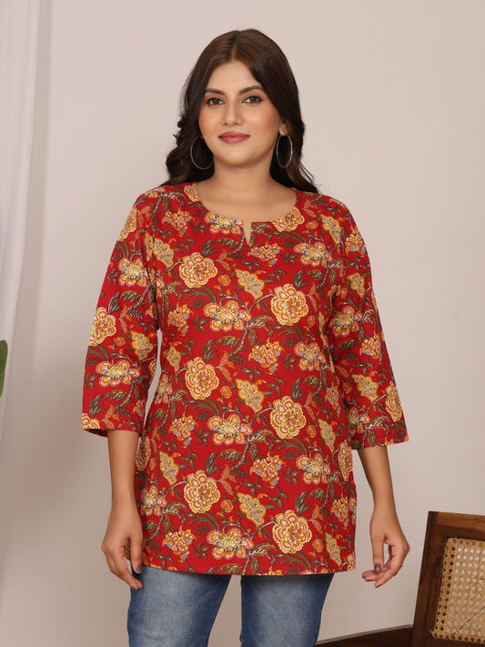 Red Yellow Rose Floral Cotton Short Top – Radhya