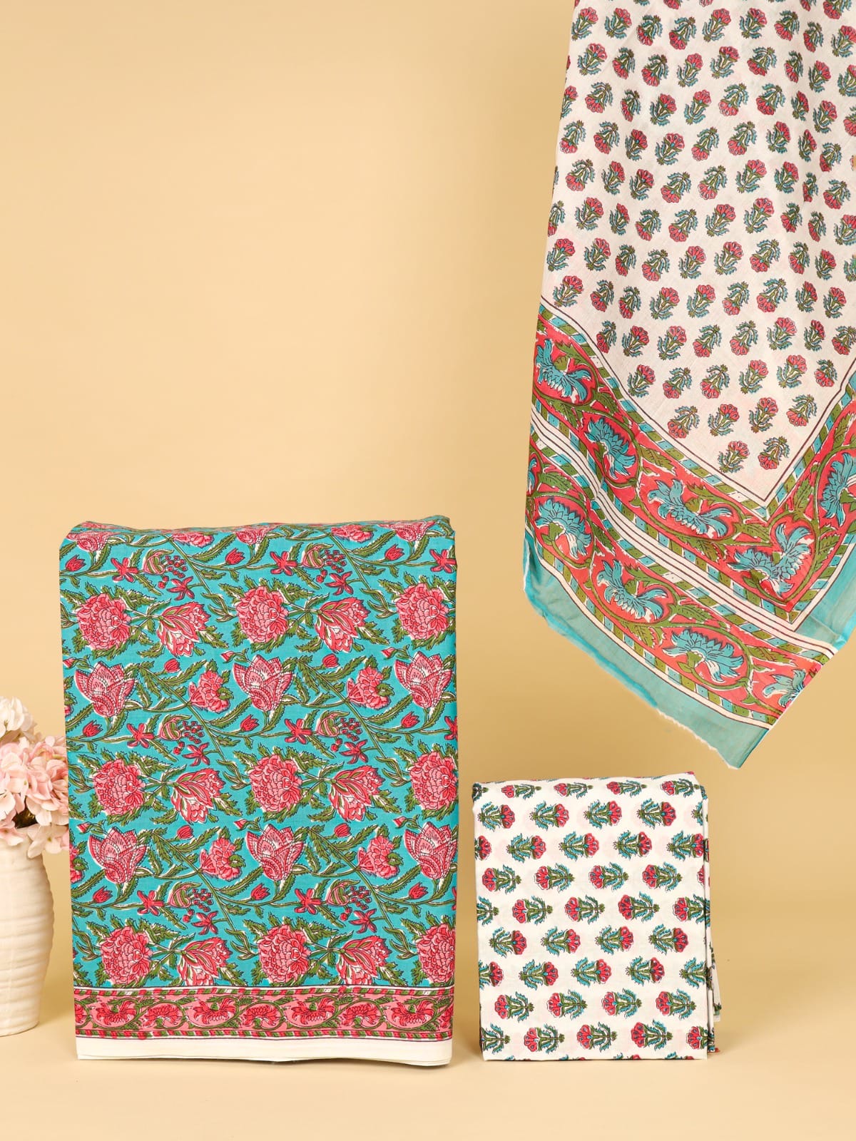 Sea Green & Pink Floral Print Unstitched Cotton Suit with Mulmul Dupatta – Radhya