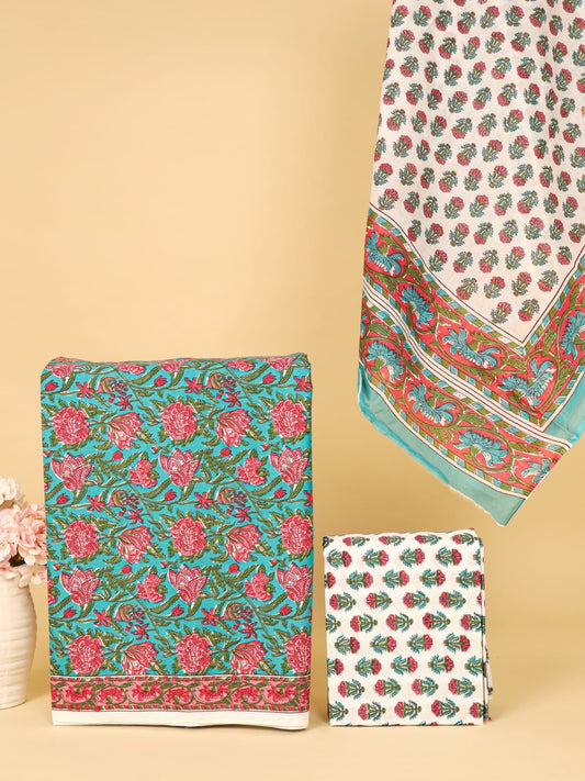 Sea Green & Pink Floral Print Unstitched Cotton Suit with Mulmul Dupatta – Radhya