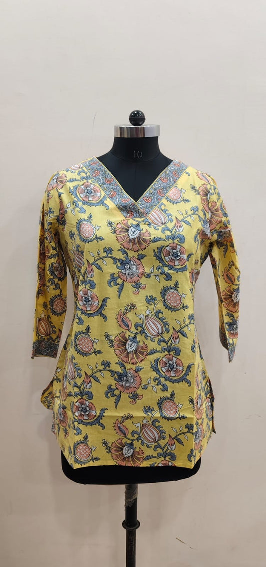 Lemon Yellow Floral Cotton Short Top – Radhya