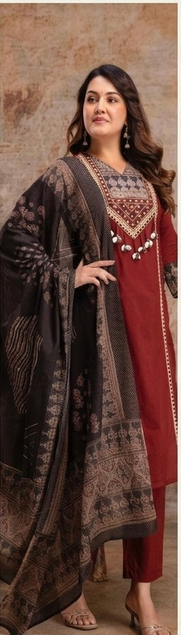 Maroon Muslin Kurta Pant Set with Printed Kota Doria Dupatta (S-3XL)