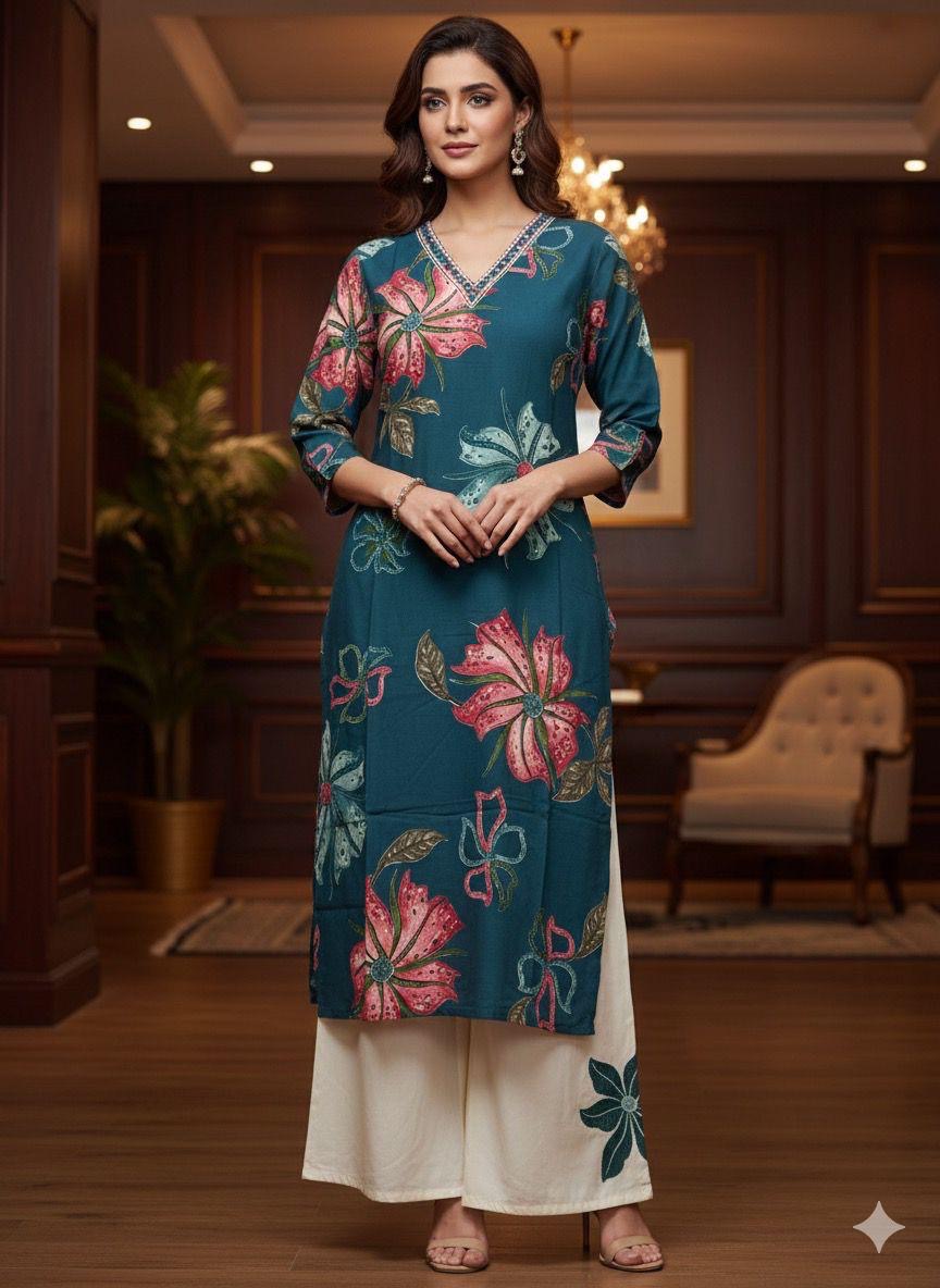Elegant Plus Size Teal Floral Rayon Kurta & Palazzo Set (3XL - 5XL)