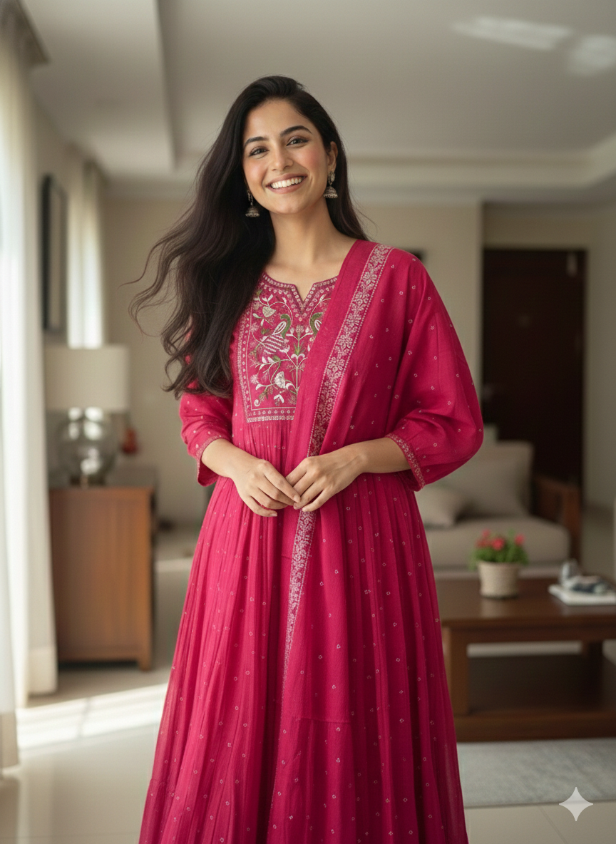Magenta Pink Handblock Print Anarkali Suit Set with Embroidered Yoke
