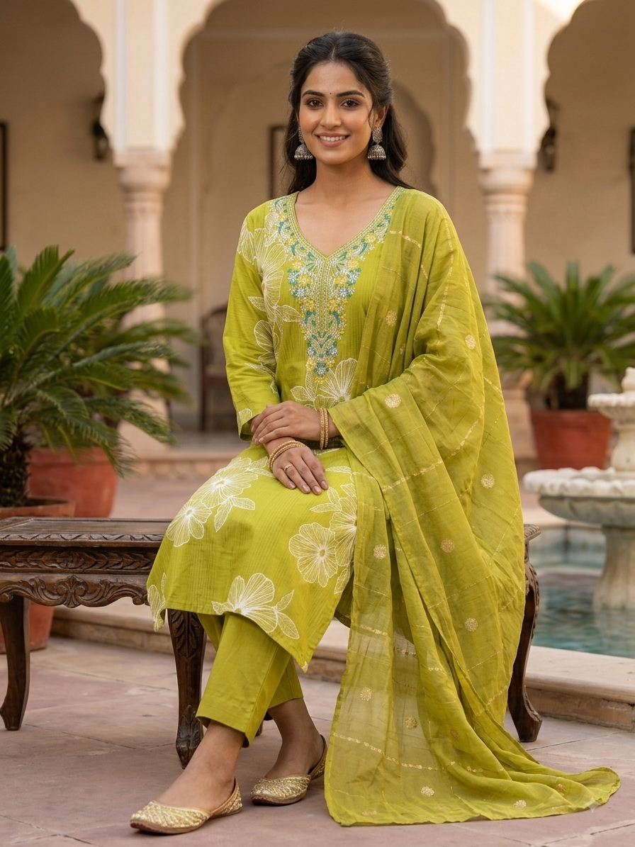 Elegant Lime Green Floral Vatican Berlin 3-Piece Suit Set with Discharge Print